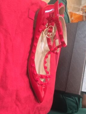 Valentino Red Patent Rockstud Pointed-Toe Mary Jane Flats